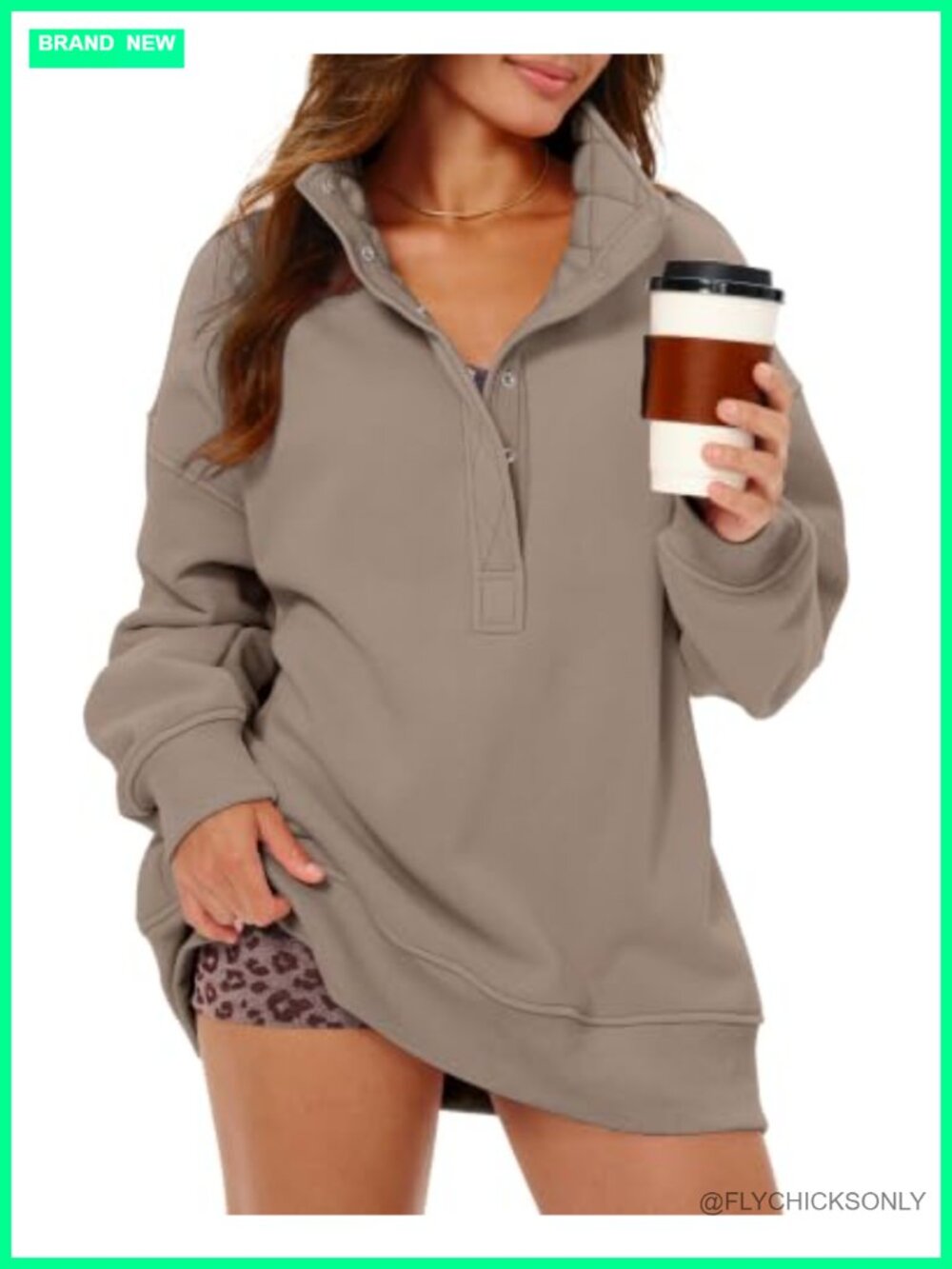 Oversized Henley Sweatshirt Fleece Lined Snap Button Pullover